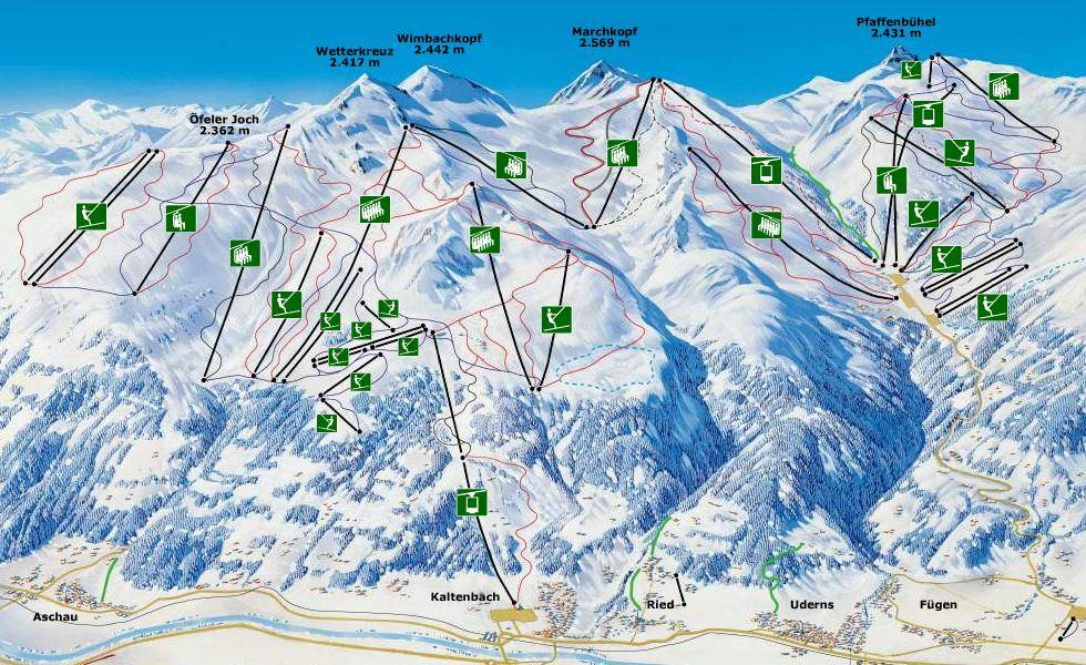 Pisteplan plattegrond van Skioptimal, skigebied hochfugen en skigebied Kaltenbach.